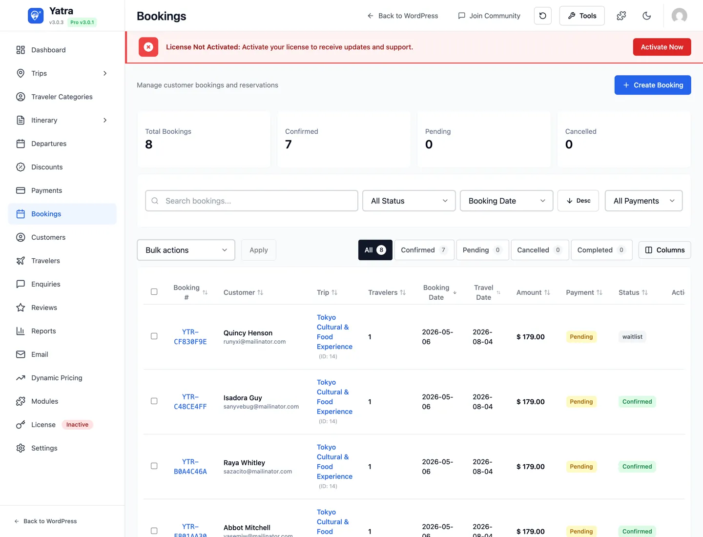 Yatra Bookings listing — stats cards, status pills, default columns