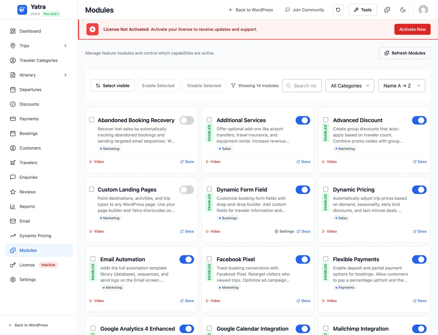 Modules admin — every Pro module as a card with on/off toggle