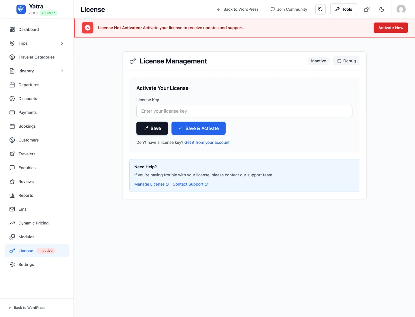 License screen — paste key and click Save & activate