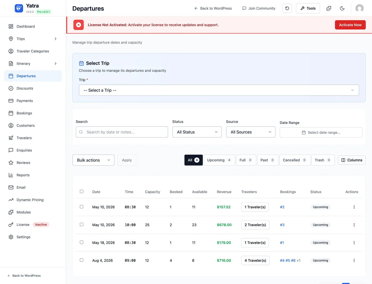 Yatra Departures listing — status filter pills, columns, search