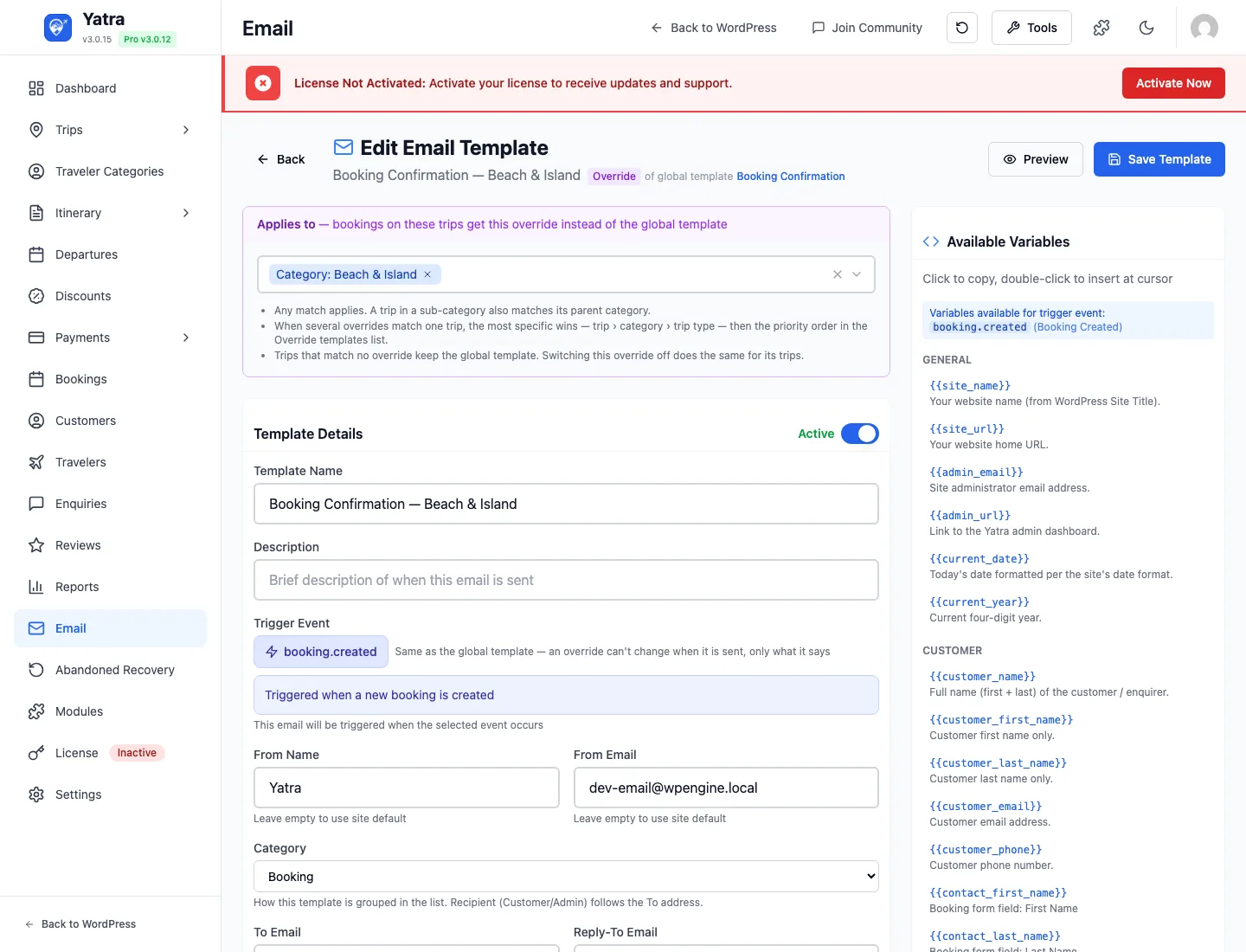 Override editor — Applies to block above the template details