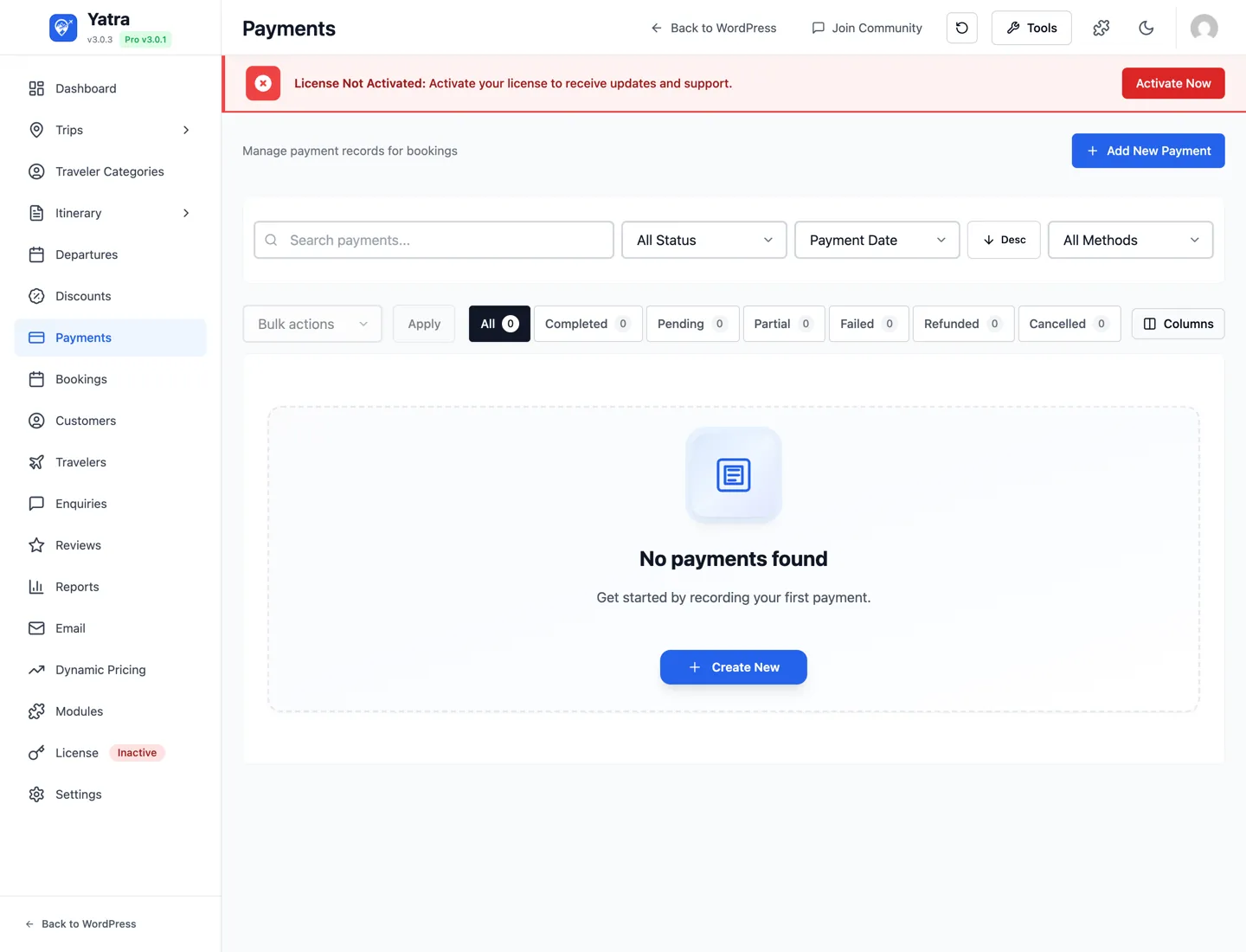 Payments admin — full payment ledger with status / method / sort