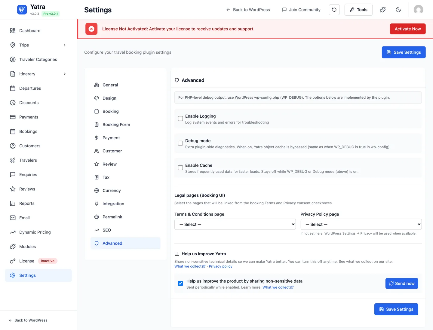 Advanced settings tab — logging, debug mode, cache toggle, legal pages, telemetry opt-in