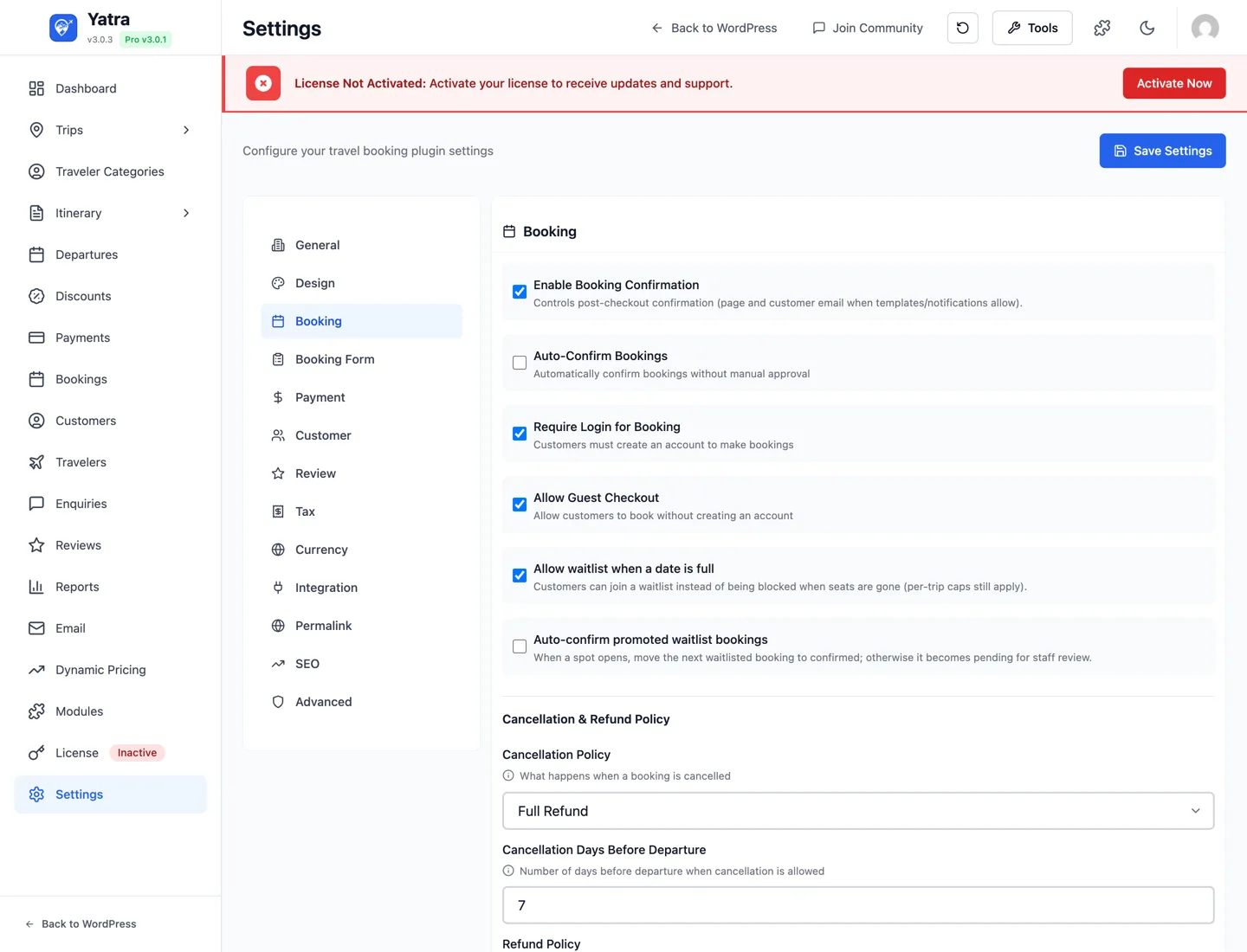 Booking settings tab — checkout behaviour, expiry, cancellation, waitlist controls