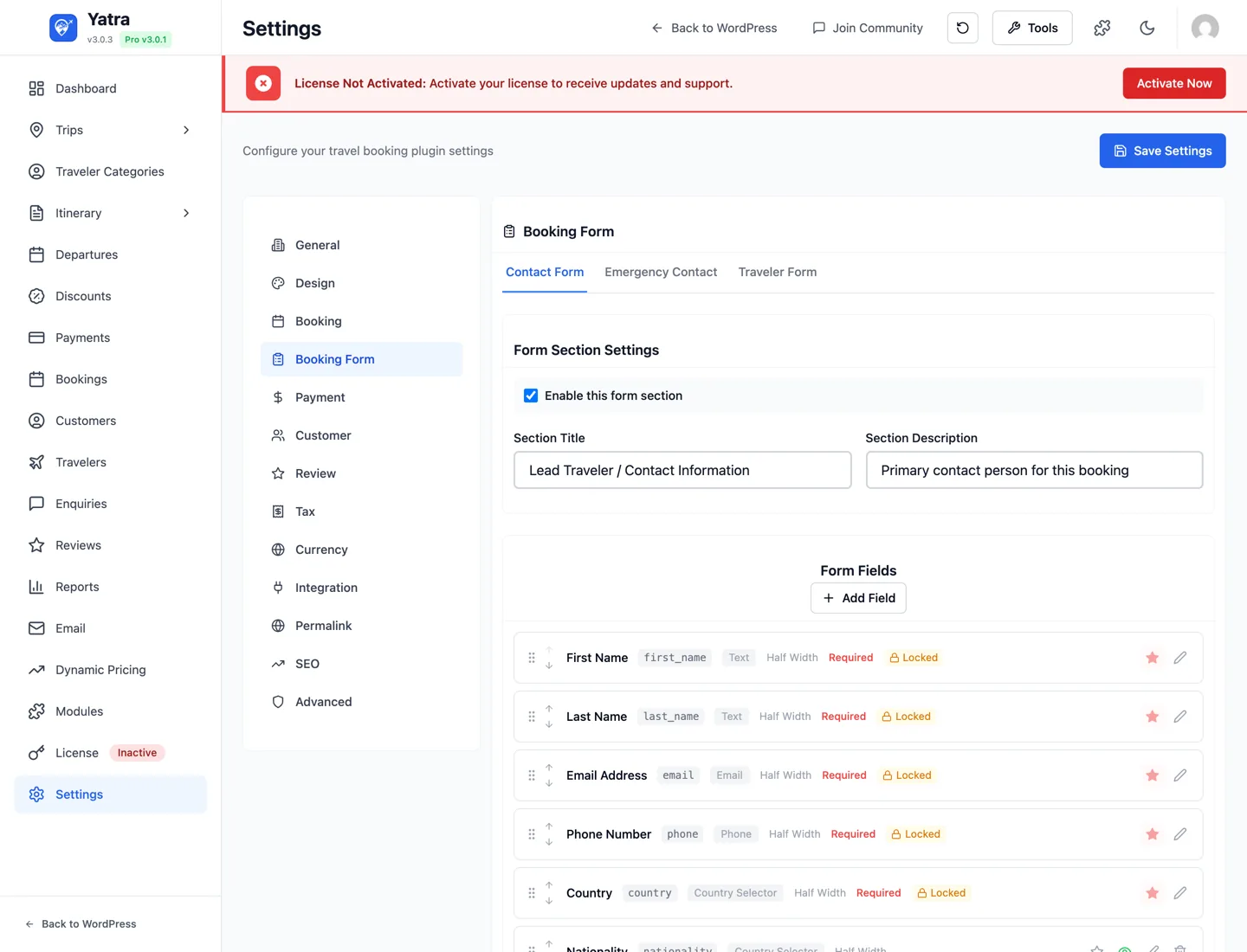 Booking Form builder tab — drag-and-drop fields with type, width, and required toggles
