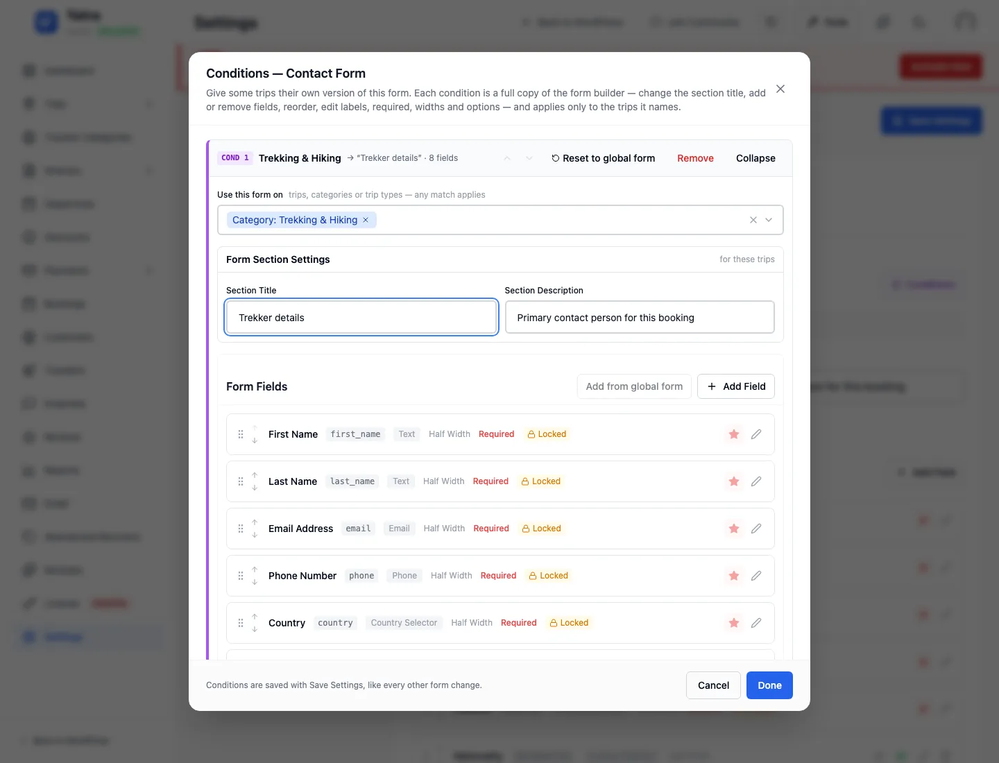 Conditions popup — a "Trekker details" version of the Contact form for the Trekking & Hiking category