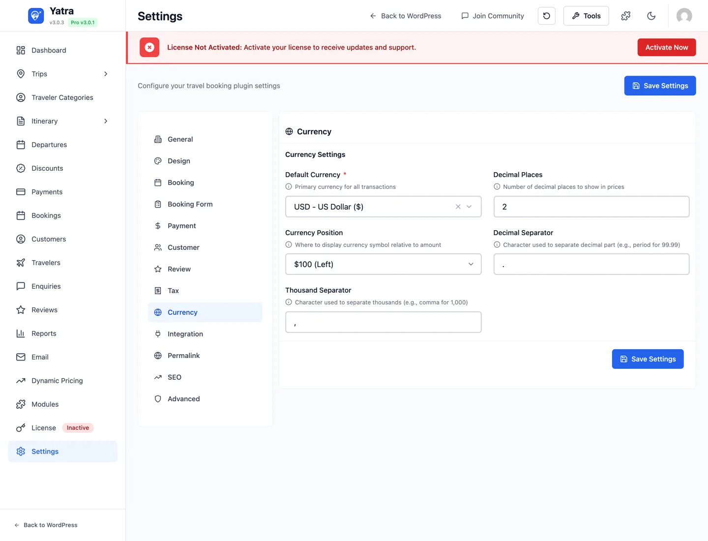 Currency settings tab — default currency, position, separators, decimal places