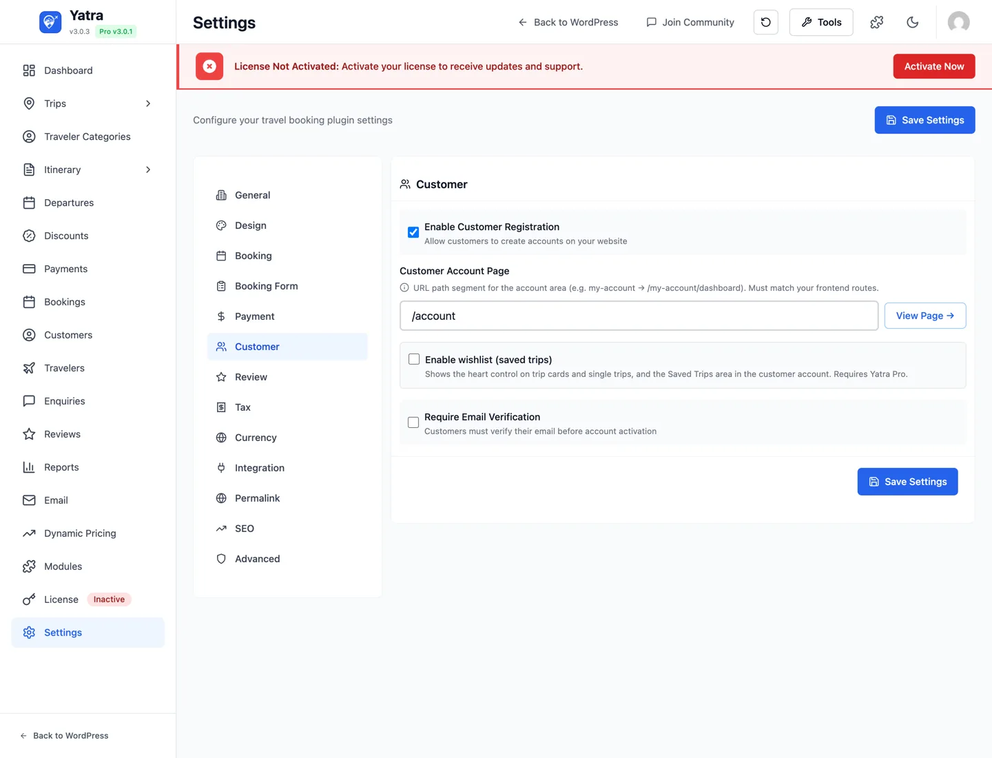 Customer settings tab — registration, account page, wishlist, email verification