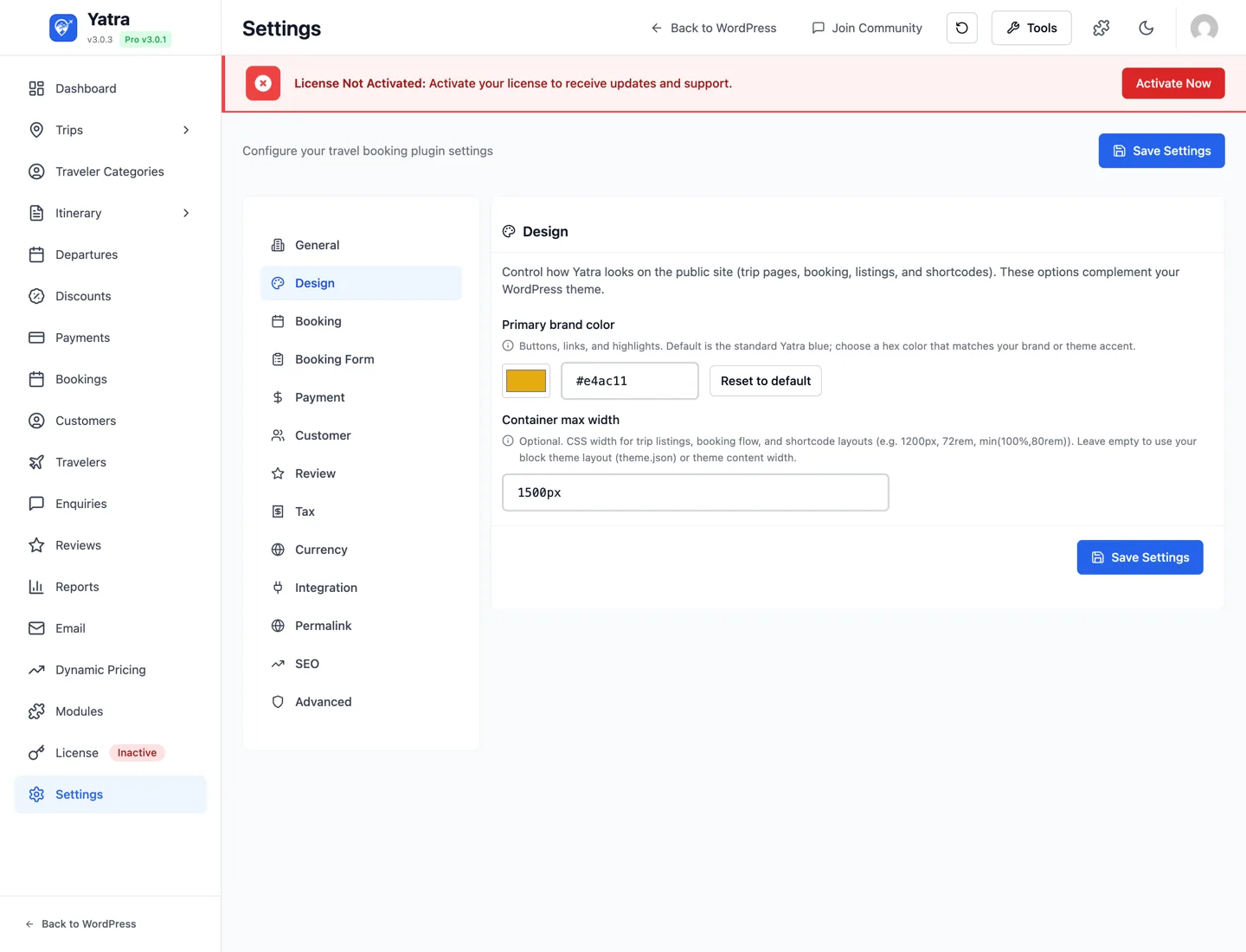 Design settings tab — primary brand color picker and container max width