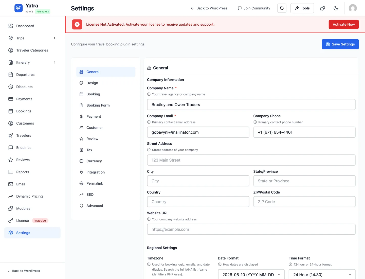 Yatra Settings landing page — left tab list and General section open