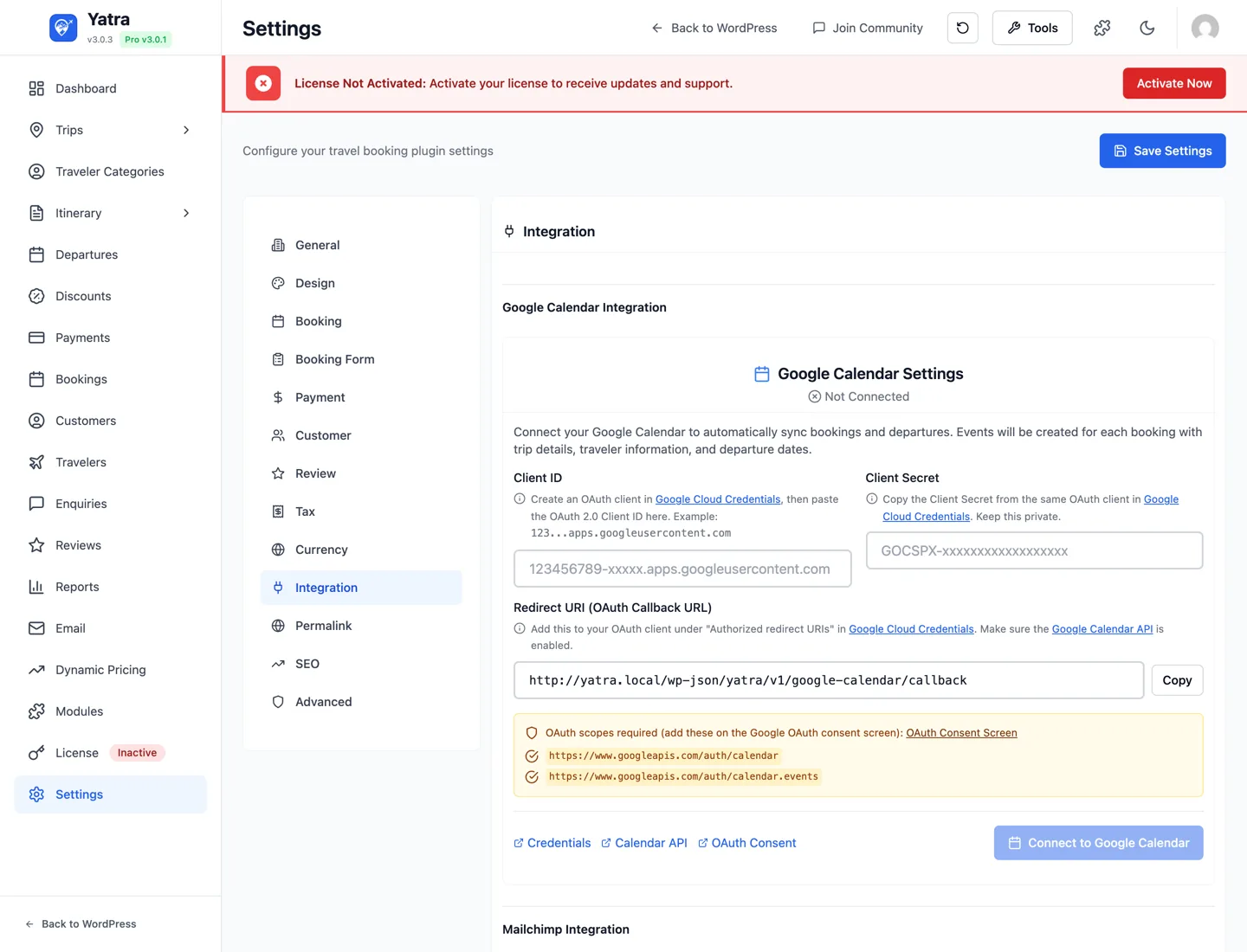 Integration settings tab — third-party module config populated by active Pro modules
