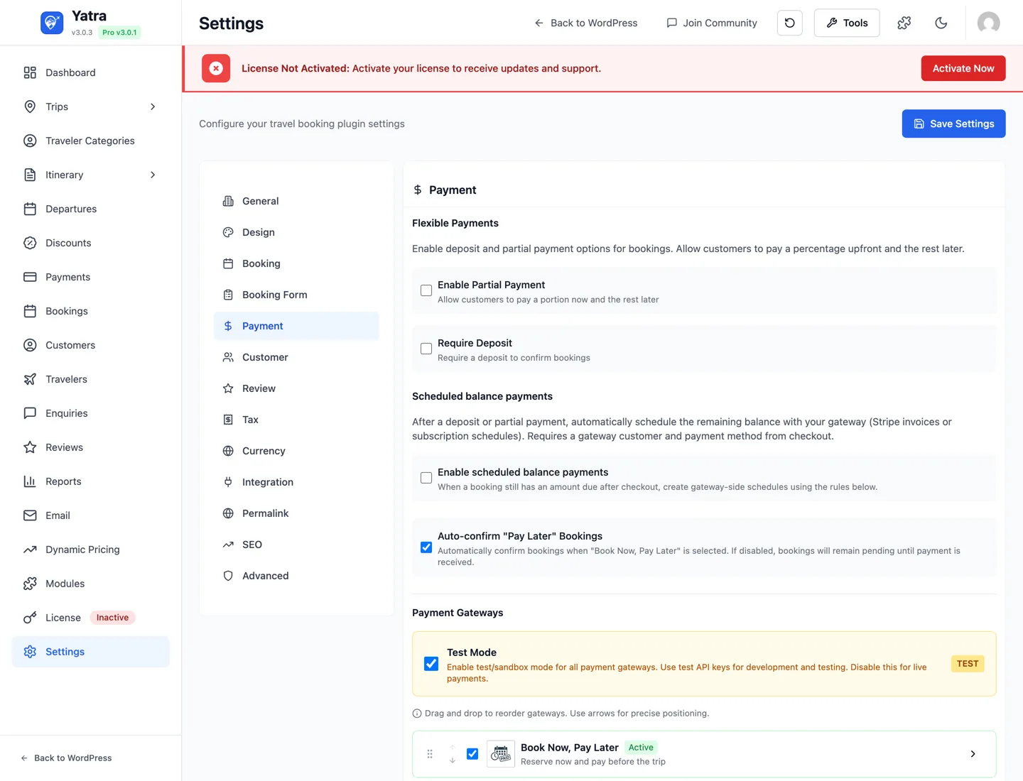 Payment settings tab — test mode, partial payments, deposits, scheduled balance, gateway list