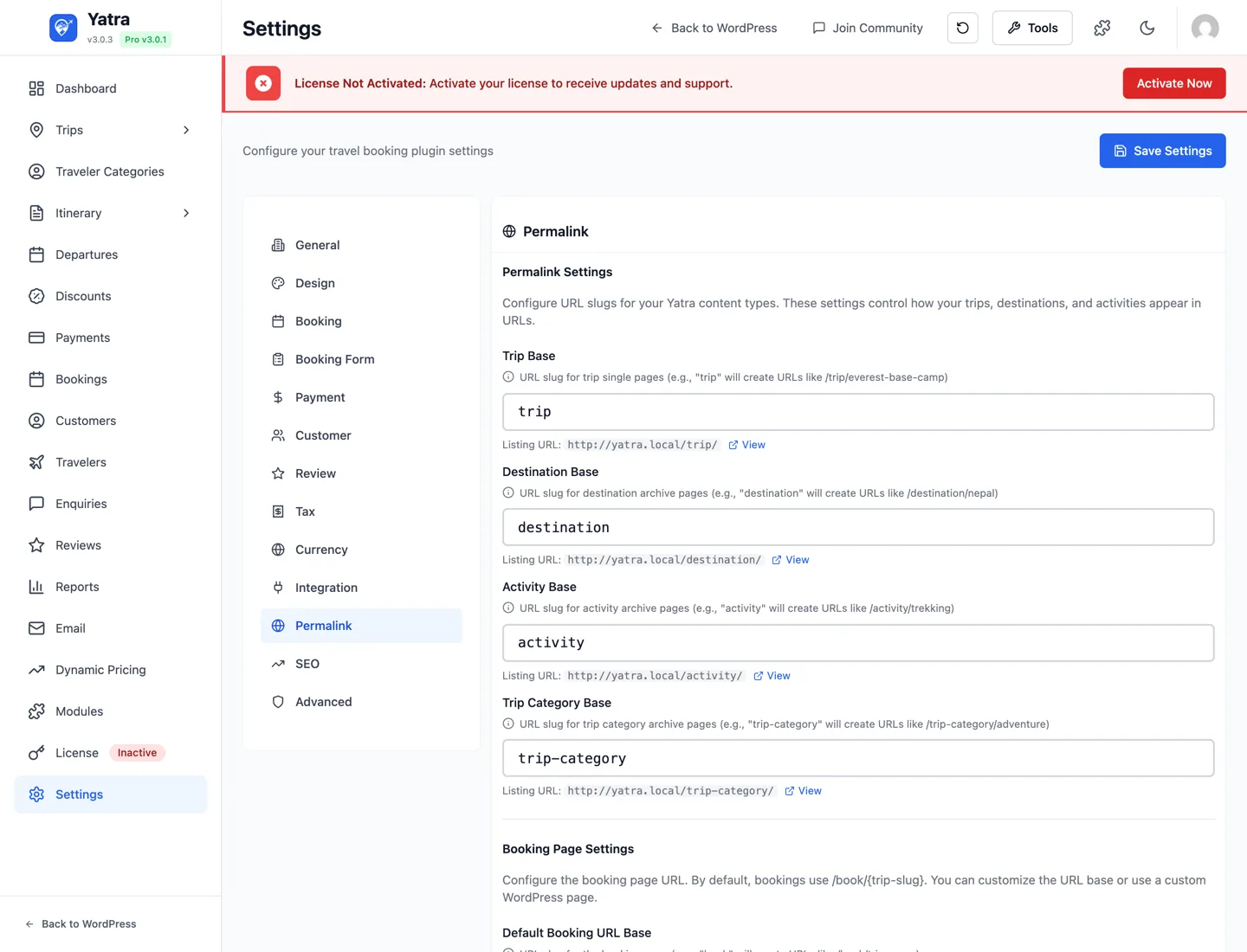 Permalink settings tab — URL slugs for trips, destinations, activities, categories with live preview