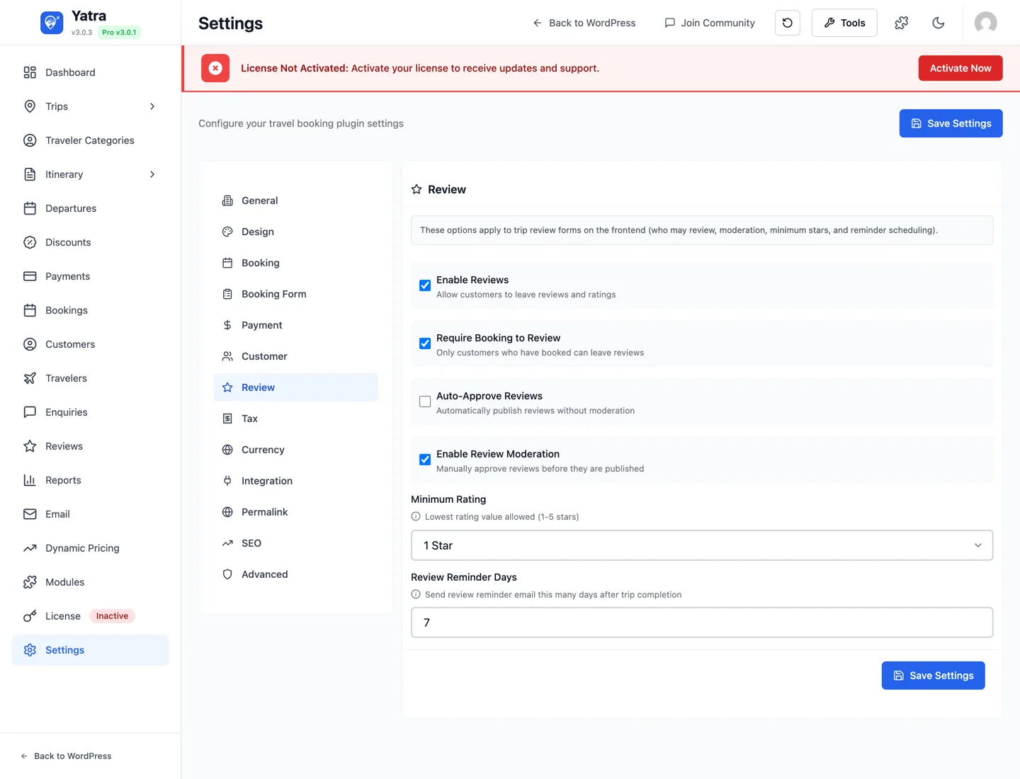 Review settings tab — enable reviews, require booking, moderation, minimum rating, reminder days