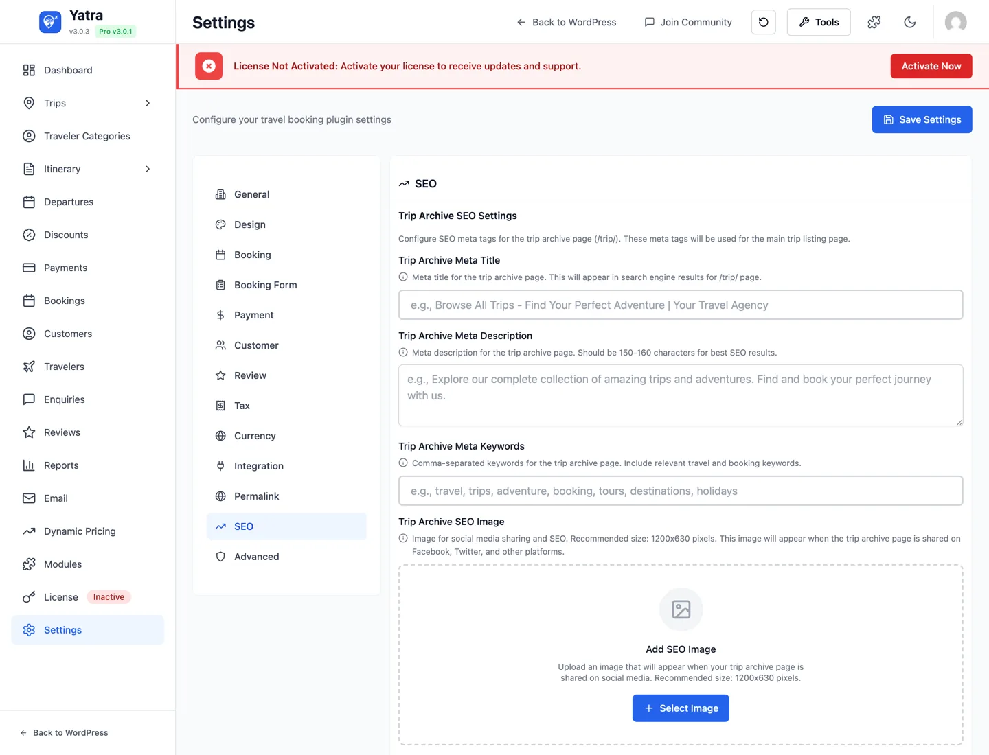 SEO settings tab — meta title, description, keywords, and image picker for the trip archive