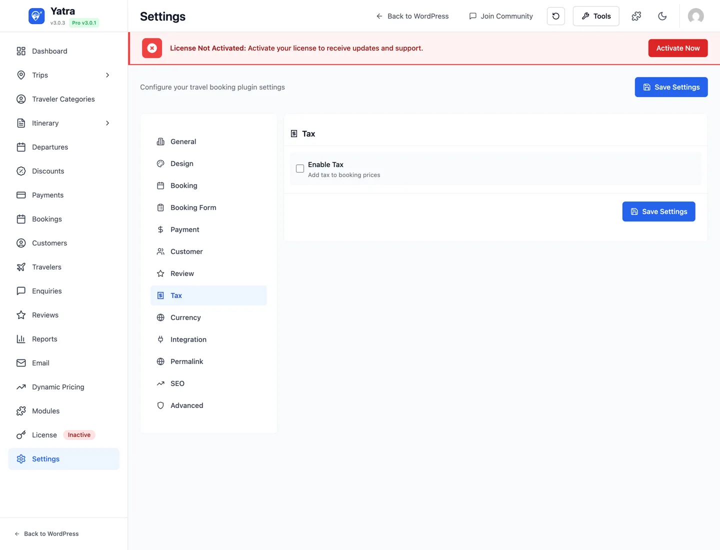 Tax settings tab — multiple-taxes editor, inclusive pricing, VAT number