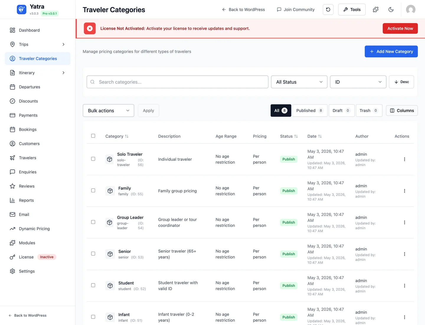 Traveler Categories admin — adult / child / infant / senior definitions